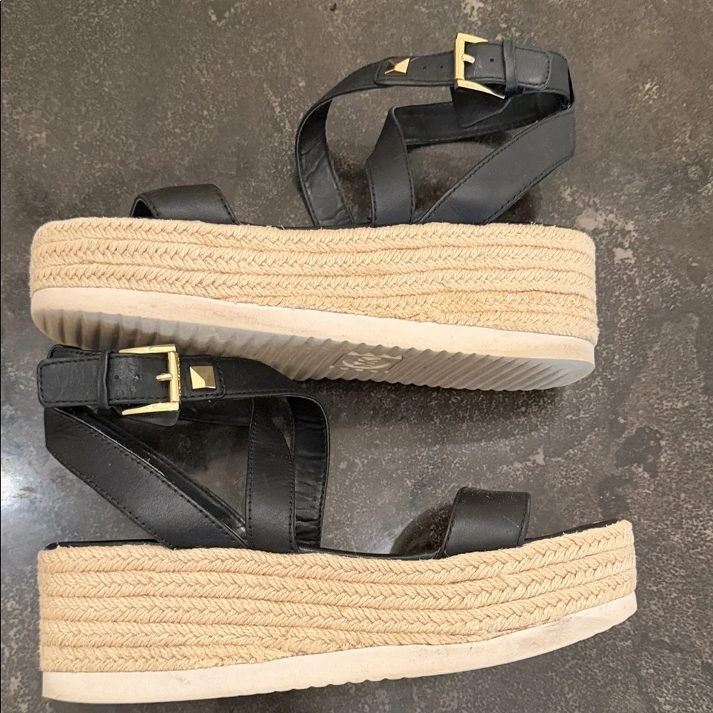 MICHAEL Michael Kors Black Espadrille Wedge Sandals with Gold-Tone Buckle
